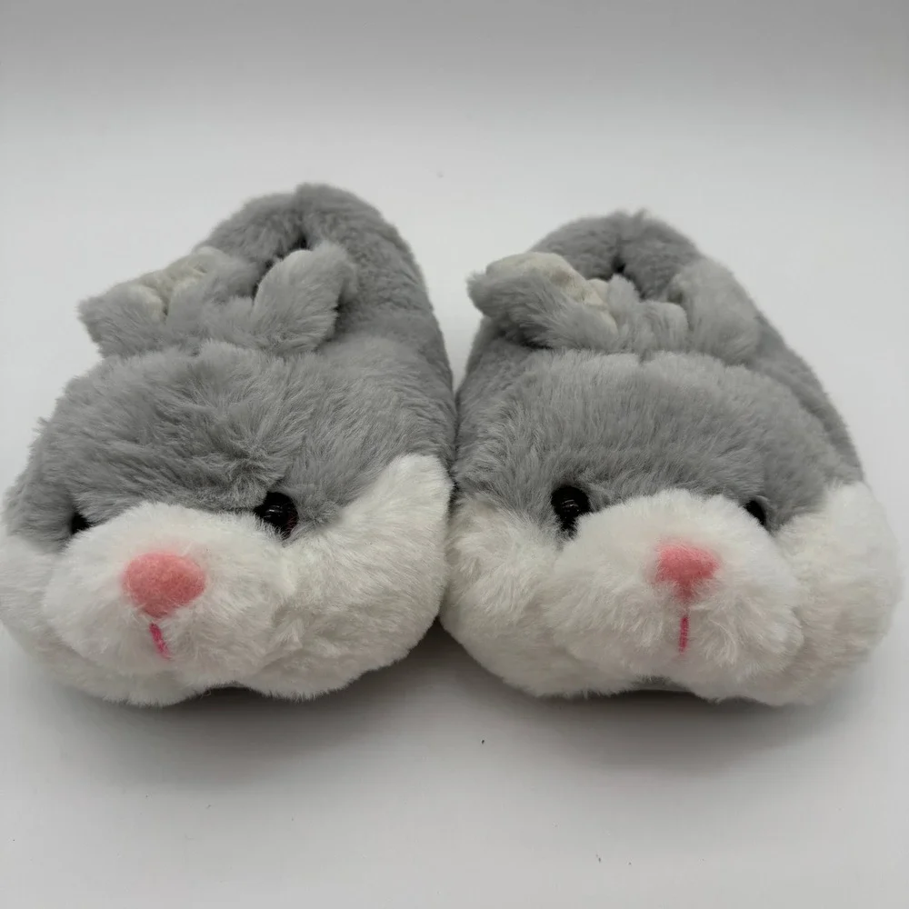 Kids Bunny Rabbit Plush Slippers Gray White Size 2 Cozy House Shoes